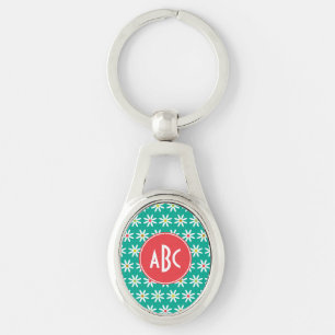Monogrammed Teal Daisy Dots Ovalt Silverfärgad Nyckelring