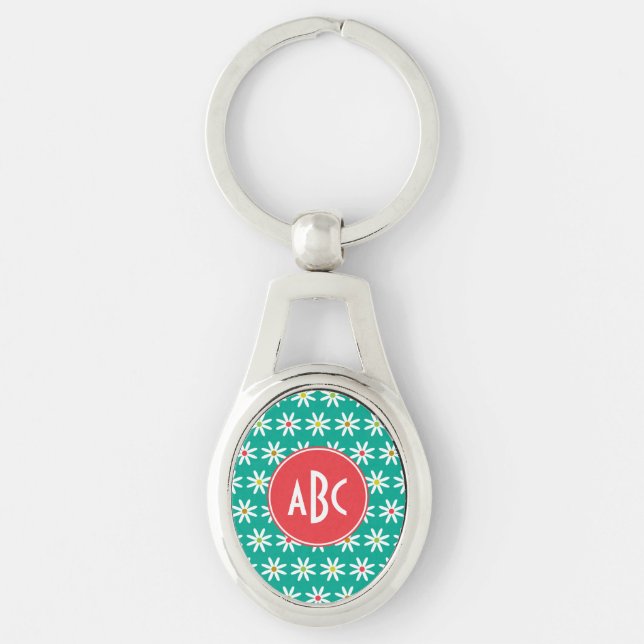 Monogrammed Teal Daisy Dots Ovalt Silverfärgad Nyckelring (Framsidan)
