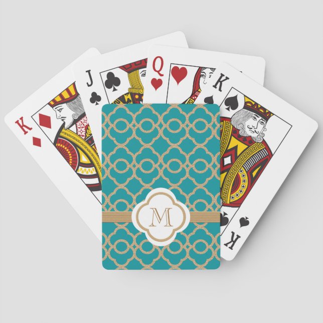 Monogrammed Teal Guld Moroccan Spelkort (Baksidan)
