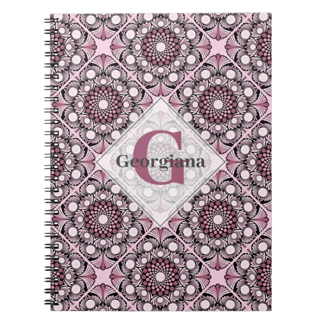 Monogrammed Tile Dusky Ro Cherry Blommar Mandala Anteckningsbok (Framsidan)