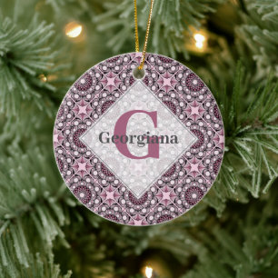 Monogrammed Tile Dusky Ro Cherry Blommar Mandala Julgransprydnad Keramik