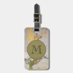 Monogrammed Travel World Map Personlig Adress Bagagebricka
