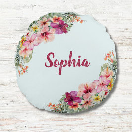 Monogrammed Tropical Rosa Flowers Blommigt Botanic Rund Kudde