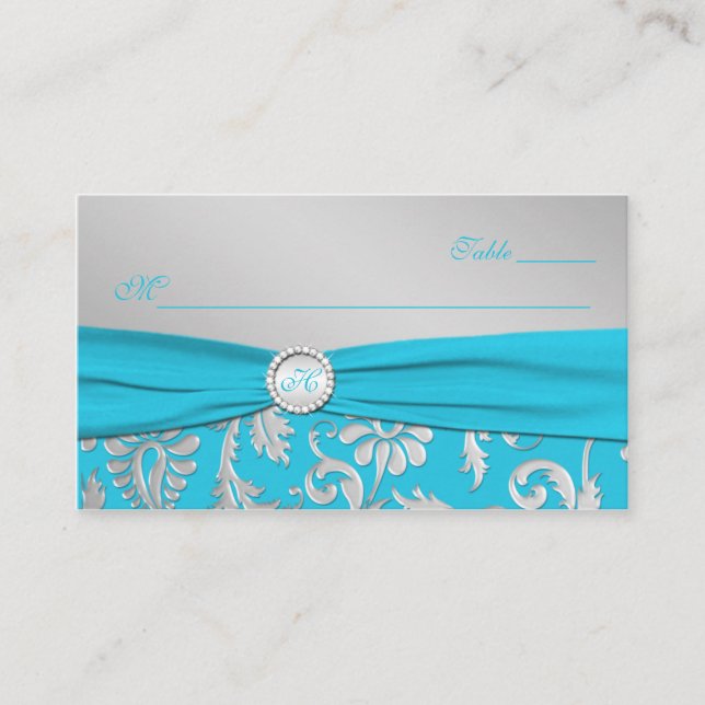 Monogrammed Turcos och Silver Place Cards Placeringskort (Framsida)