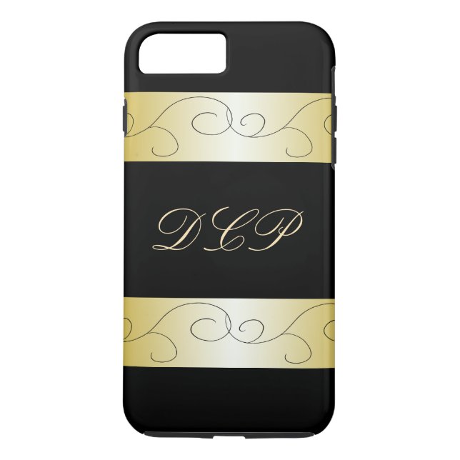Monogrammed utsmyckade svart guld- moderiktiga Case-Mate iPhone skal (Baksida)