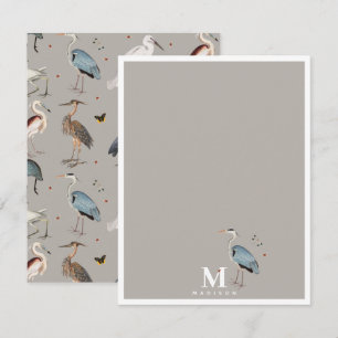 Monogrammed vattenfärg Heron Bird Egret Natature Anteckningskort