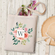 Monogrammed Watercolor Rosa ros och Peony Flowers