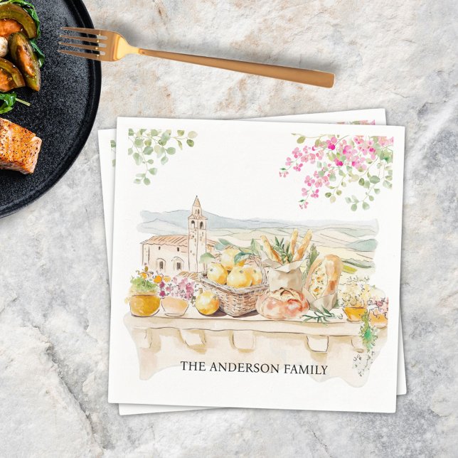 Monogrammed Watercolor Tuscany Mediterranean Itali Pappersservett (In situ)