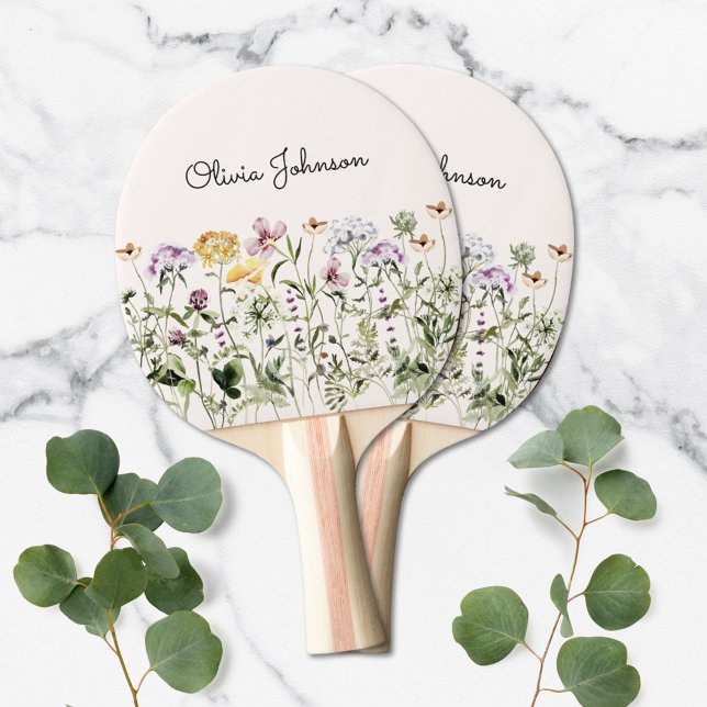 Monogrammed Watercolor WildblomGarden Pingisracket (Close up)