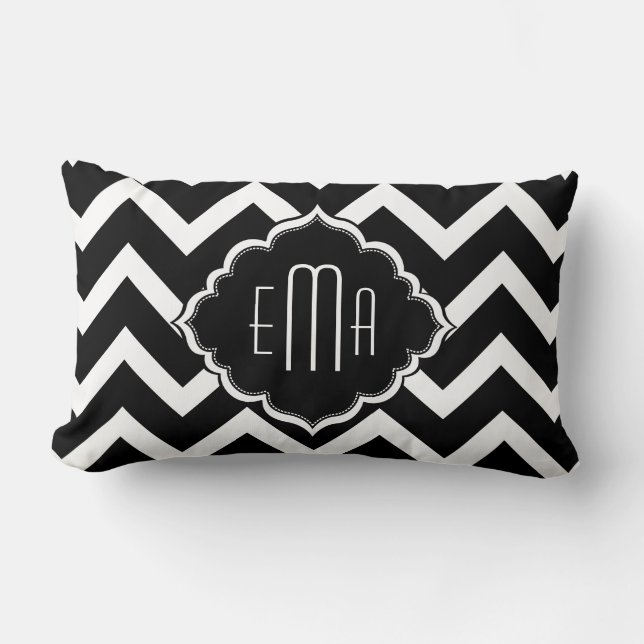 Monogrammed White and Black Zigzag Chevron Lumbarkudde (Framsida)