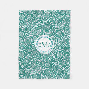 Monogrammed White & Blue-Grönt Retro Paisley Fleecefilt