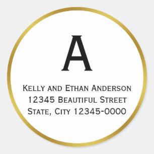 Monogrammed White- och Faux Gold Return-adress Runt Klistermärke