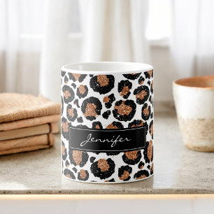 Monogrammed White och Gold Foil Cheetah Mönster Kaffemugg
