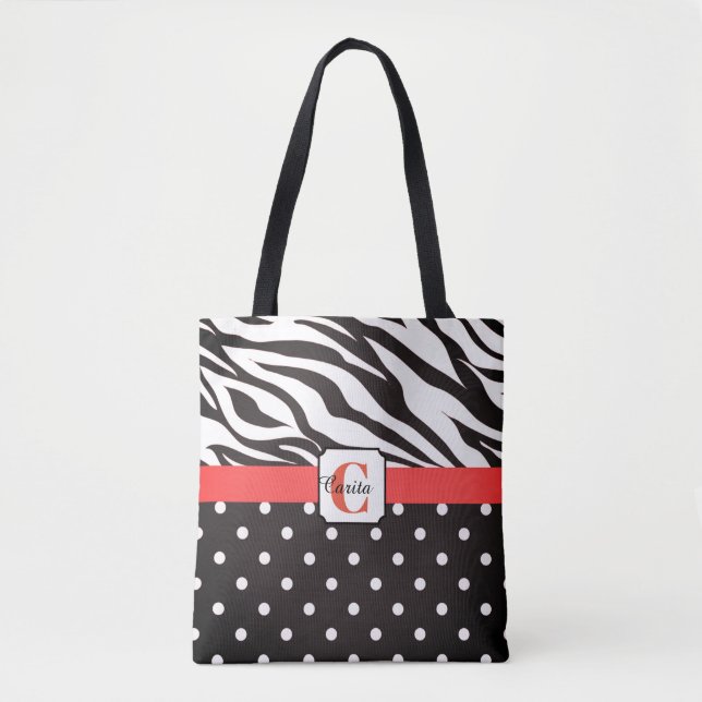 Monogrammed Zebra Polka-Doted Tote Tygkasse (Framsida)
