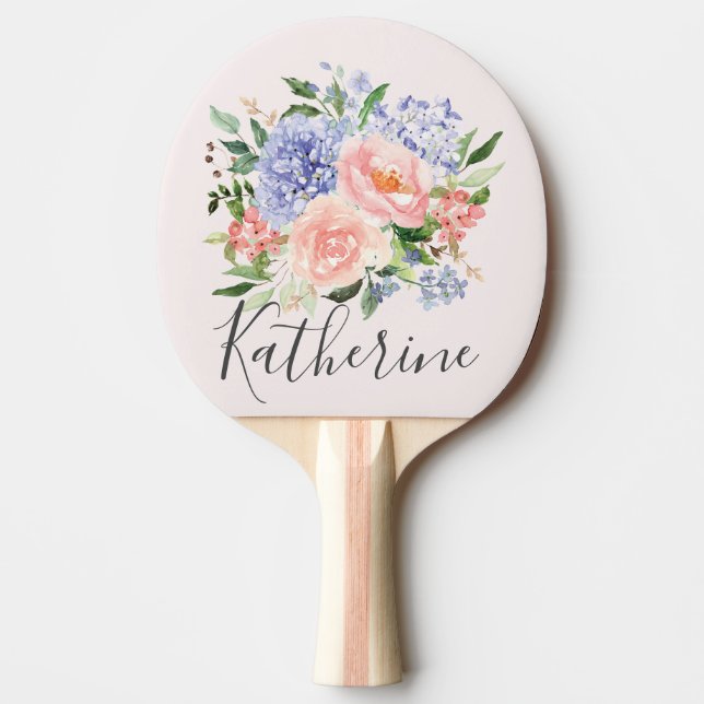 Monogrammerad akvarell blå rosa vårblomma pingisracket (Framsidan)