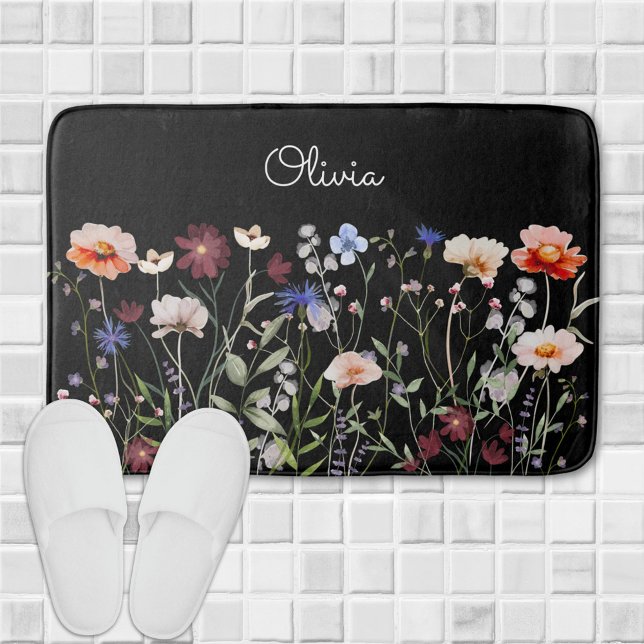 Monogrammerad akvarell Färgstark äng med vilda blo Badrumsmatta (In situ)