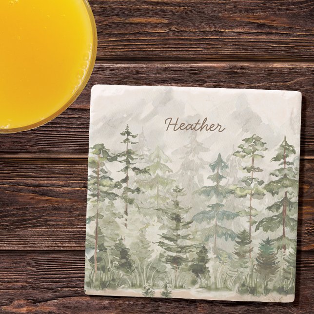 Monogrammerad akvarell Grön tallskog berg Stenunderlägg (In situ)