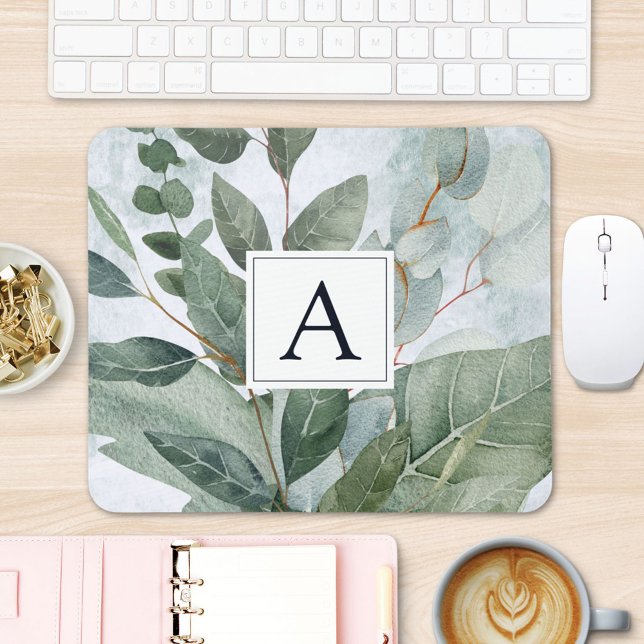 Monogrammerad akvarell Rustik Salvia Grönska Musmatta (In situ office desk)
