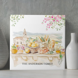 Monogrammerad akvarell Toscana Medelhavet Italien Kakelplatta