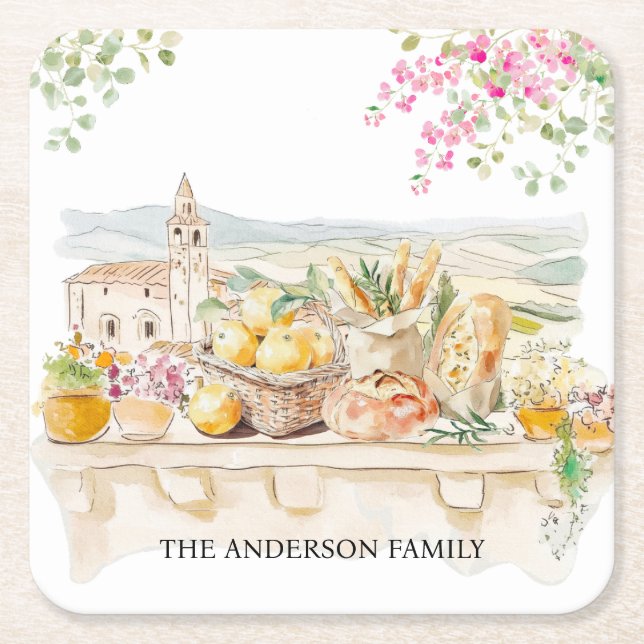 Monogrammerad akvarell Toscana Medelhavet Italien Underlägg Papper Kvadrat (Framsidan)