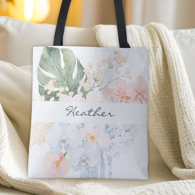 Monogrammerad akvarell tropiskt blomsterblomster tygkasse (Skapare uppladdad)