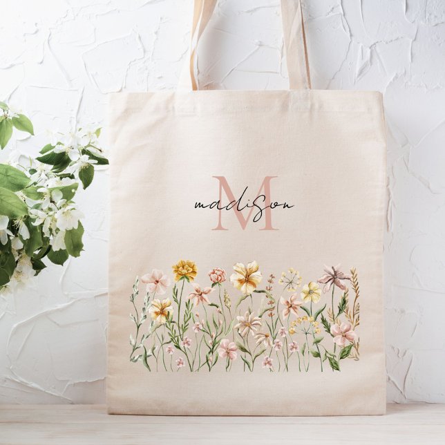 Monogrammerad akvarell vildblomma äng blommig tygkasse (In situ)