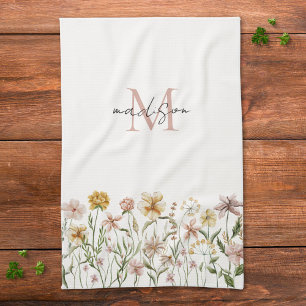 Monogrammerad akvarell vildblommeäng floral kökshandduk