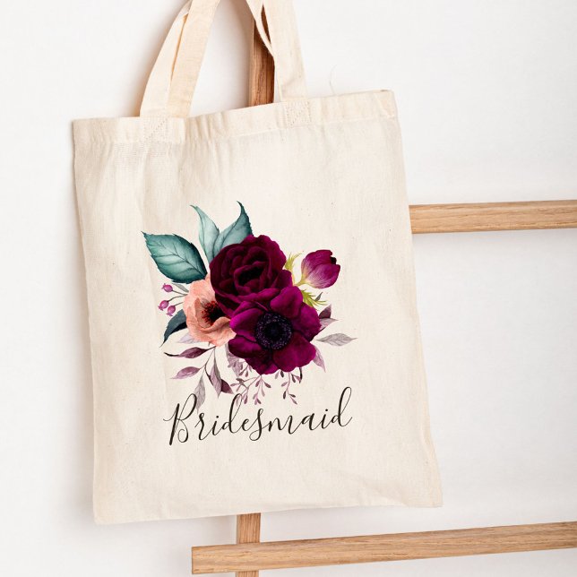 Monogrammerad akvarell vintage boho lila blommor tygkasse (In situ)