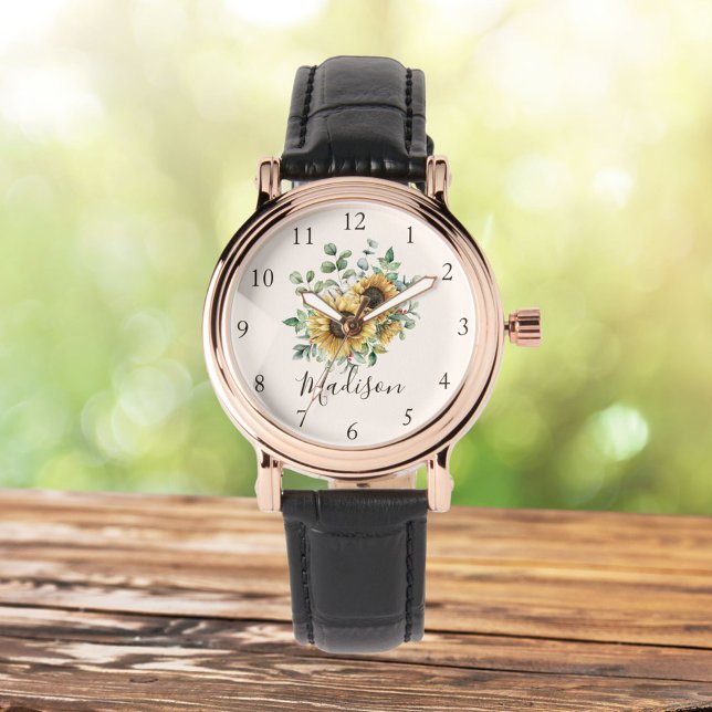 Monogrammerad akvarell vintage rustik solros armbandsur (Close up Outdoor)