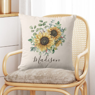 Monogrammerad akvarell vintage rustik solros kudde