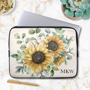 Monogrammerad akvarell vintage rustik solros laptop fodral