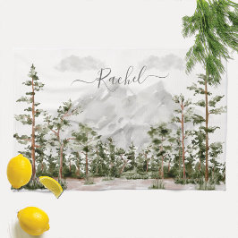 Monogrammerad akvarellberg och skog kökshandduk