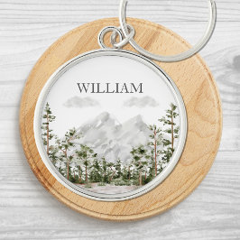 Monogrammerad akvarellberg och skog rund silverfärgad nyckelring