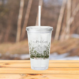 Monogrammerad akvarellberg och skog take away mugg