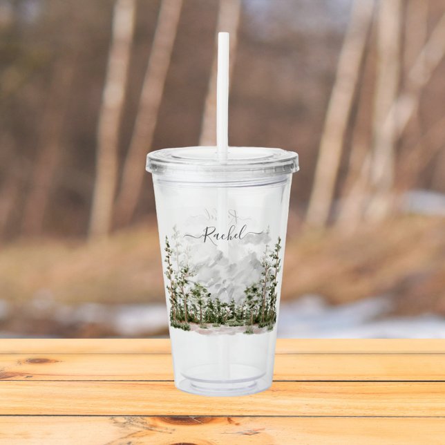 Monogrammerad akvarellberg och skog take away mugg (In situ outdoor)