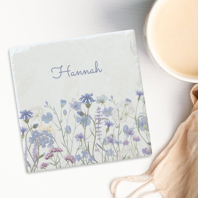 Monogrammerad Blå Akvarell Vildblommeäng Stenunderlägg (In situ)