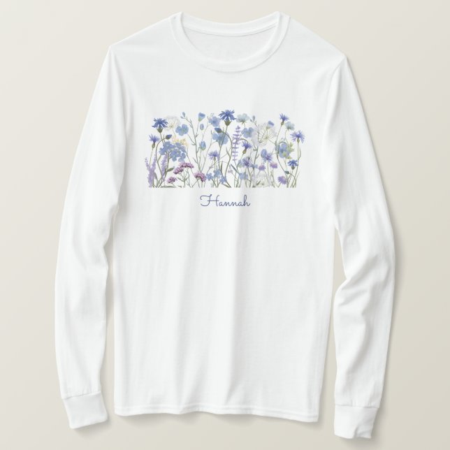 Monogrammerad Blå Akvarell Vildblommeäng T Shirt (Design framsida)