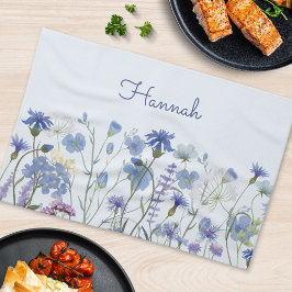 Monogrammerad blå akvarell vildblomste kökshandduk