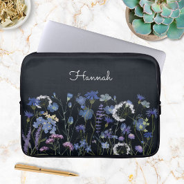 Monogrammerad Blå Akvarell Vildblomsterträdgård Laptop Fodral