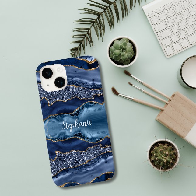Monogrammerad blå guld Agate-marmor-glitter (Blue Gold Glitter Agate Monogrammed iPhone case)