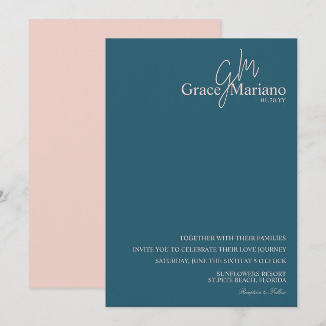 Monogrammerad blå rosa logotyp vigsel    inbjudningar (Fram/baksida)