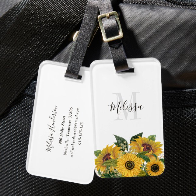 Monogrammerad Blommig Solros Pass  Bagagebricka (Monogrammed Floral Sunflowers Passport Luggage Tag)