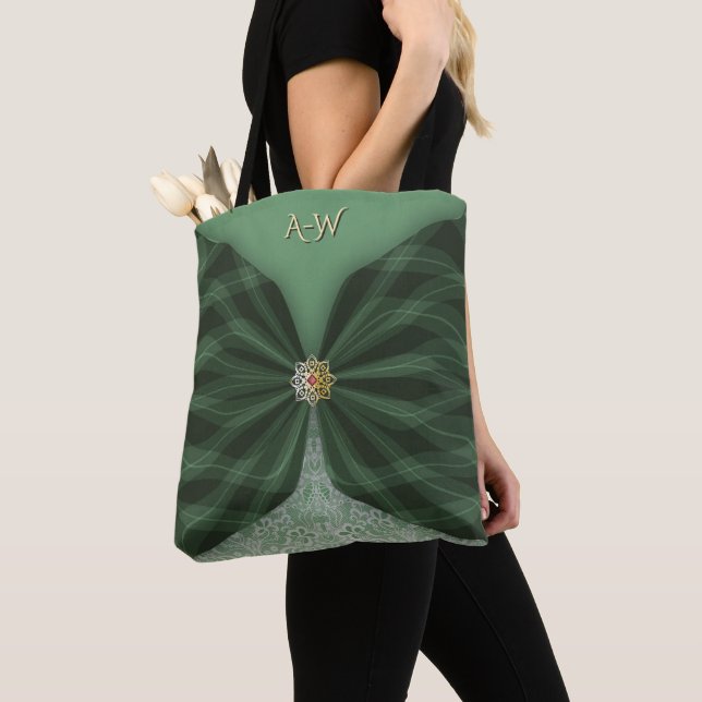 Monogrammerad Botanisk GreenJewel Textilillusion  Tygkasse (Närbild)