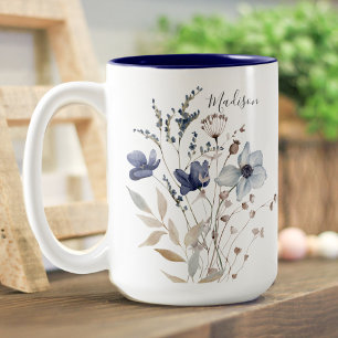 Monogrammerad Chic Vacker Vattenfärg Blå Blomma Två-Tonad Mugg