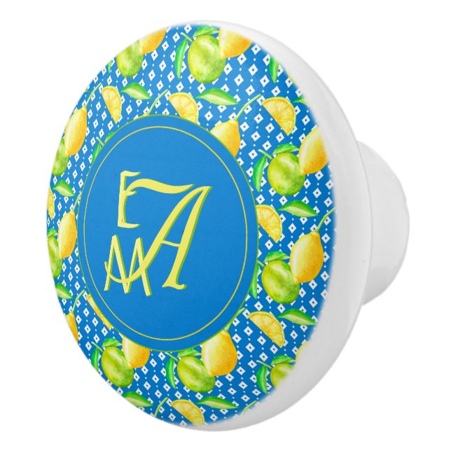 Monogrammerad citronträd azurblå nybröllopsdekorat knopp (Höger)