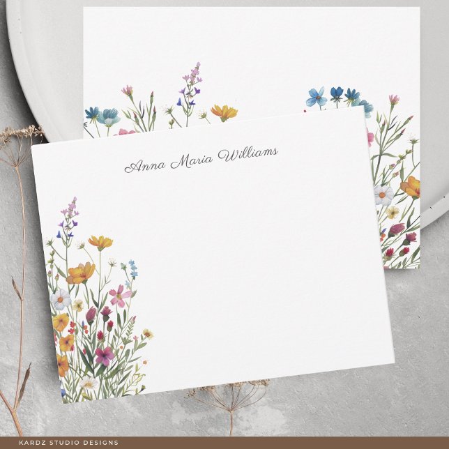 Monogrammerad Elegant Akvarell Vildblomma Anteckningskort (The front and back are shown at a 4.25 x 5.5 inch size. Choose size, paper, + corner style.)