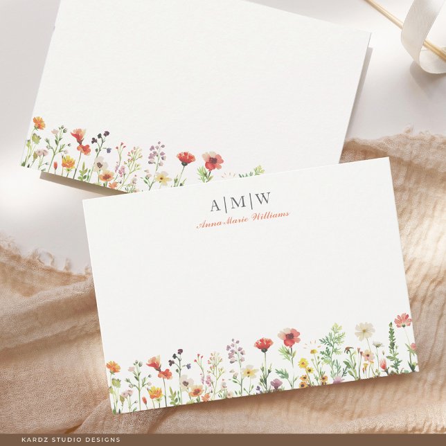 Monogrammerad Elegant Boho Chic Brevkort Anteckningskort (Card shown in 3.5 x 5 in. Choose size corner, style before check out. Card comes with off-white back)