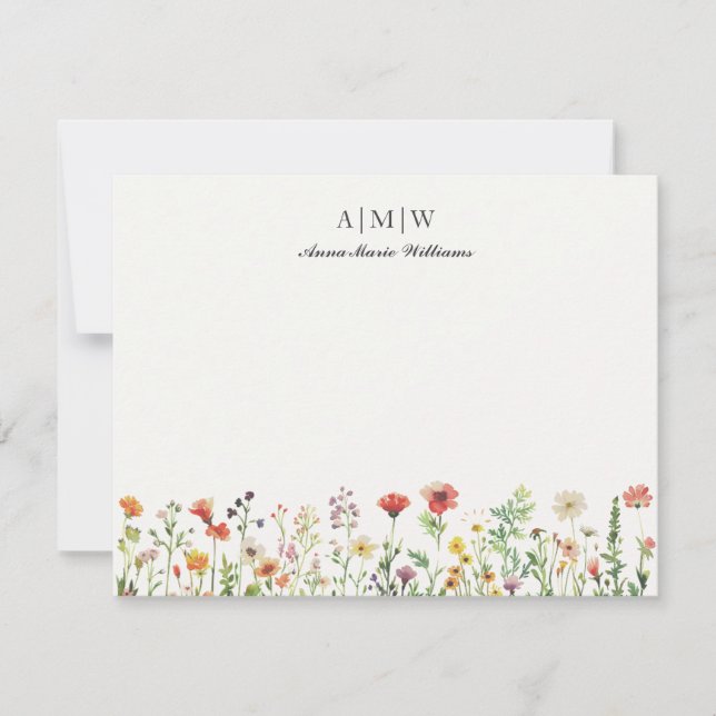 Monogrammerad Elegant Chic Blommig Brevkort Anteckningskort (Framsida)