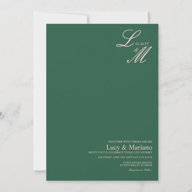 Monogrammerad Elegant Skrift Grön Rosa Bröllop Inbjudningar (Framsida)
