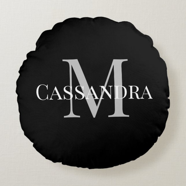 Monogrammerad Enkel Svart Enfärgad Ovanlig Enkel Rund Kudde (Framsidan)